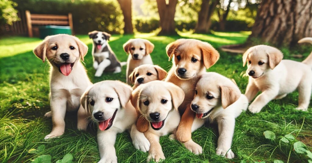 a group of puppies are playing