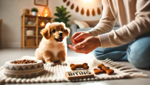 A puppy learning bite inhibition through positive training